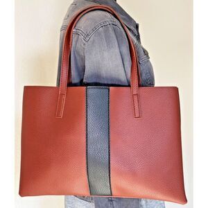 Vince Camuto Tote Brown Pebbled Vegan Leather Black Stripe CarryAll Shoulder Bag
